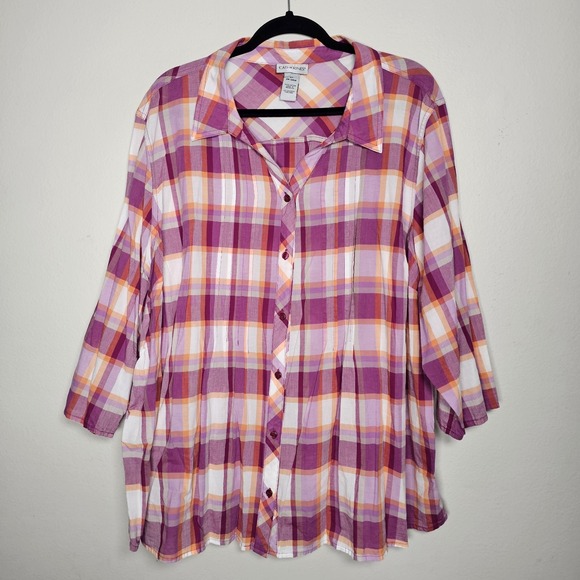 Catherines Womens Madras Plaid Country Top Size 3X Purple Button Up Barn Chore - Picture 1 of 6